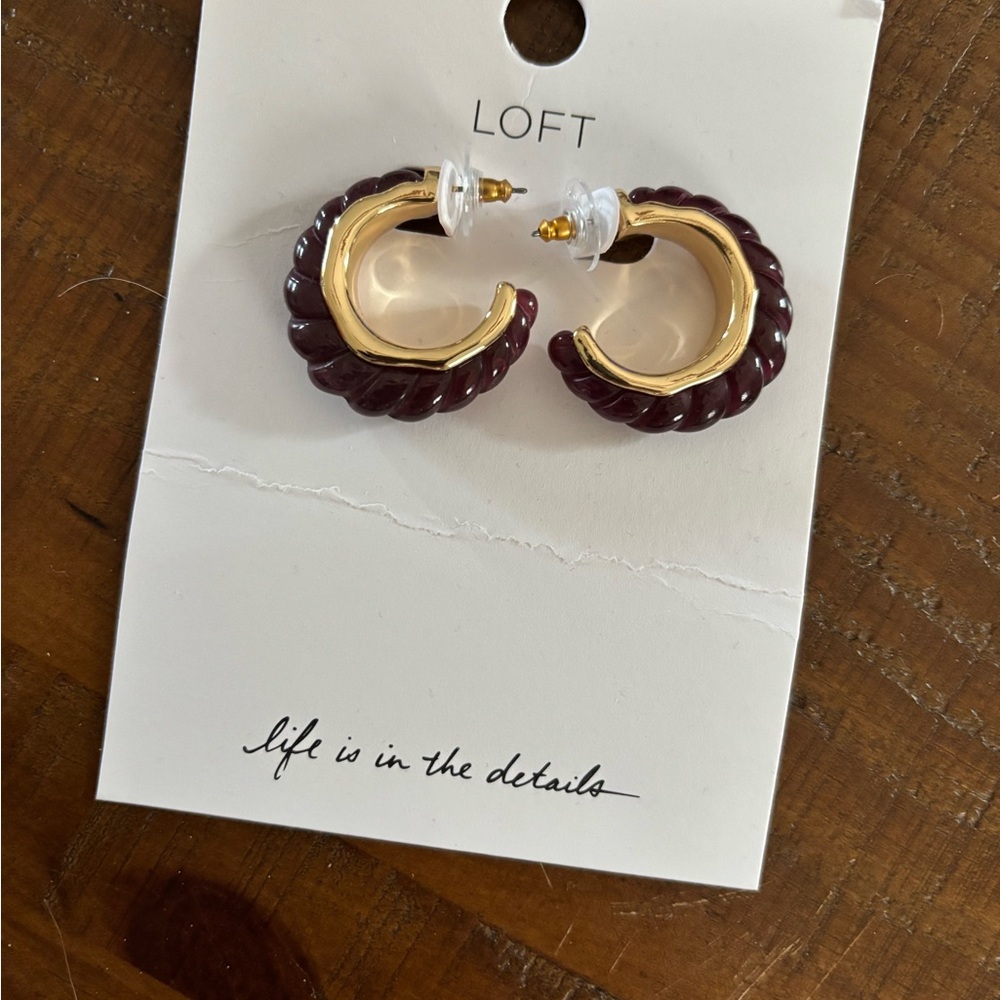LOFT Gold and Dark Purple Twisted Hoop Earrings
